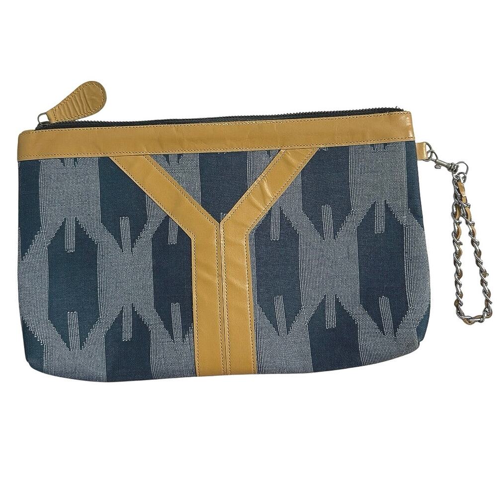 Noonday Collection Blue Geometric Leather Cotton Wristlet Clutch Bag Nepal